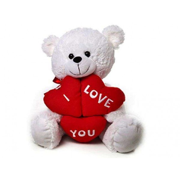 Cute 18 Inch White Teddy Bear holding triple I Love You Heart